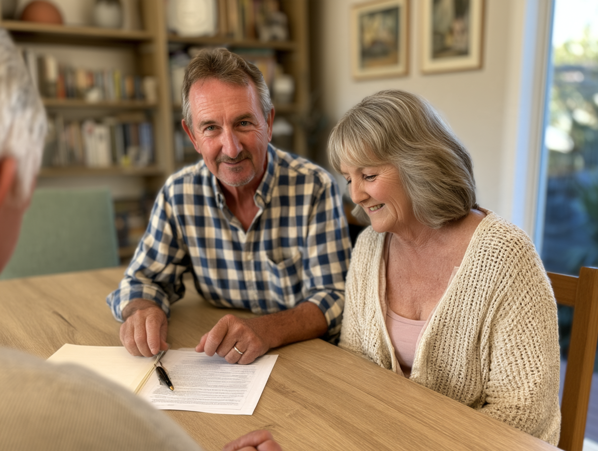 Senior couple reviewing their timeshare contract with an advisor